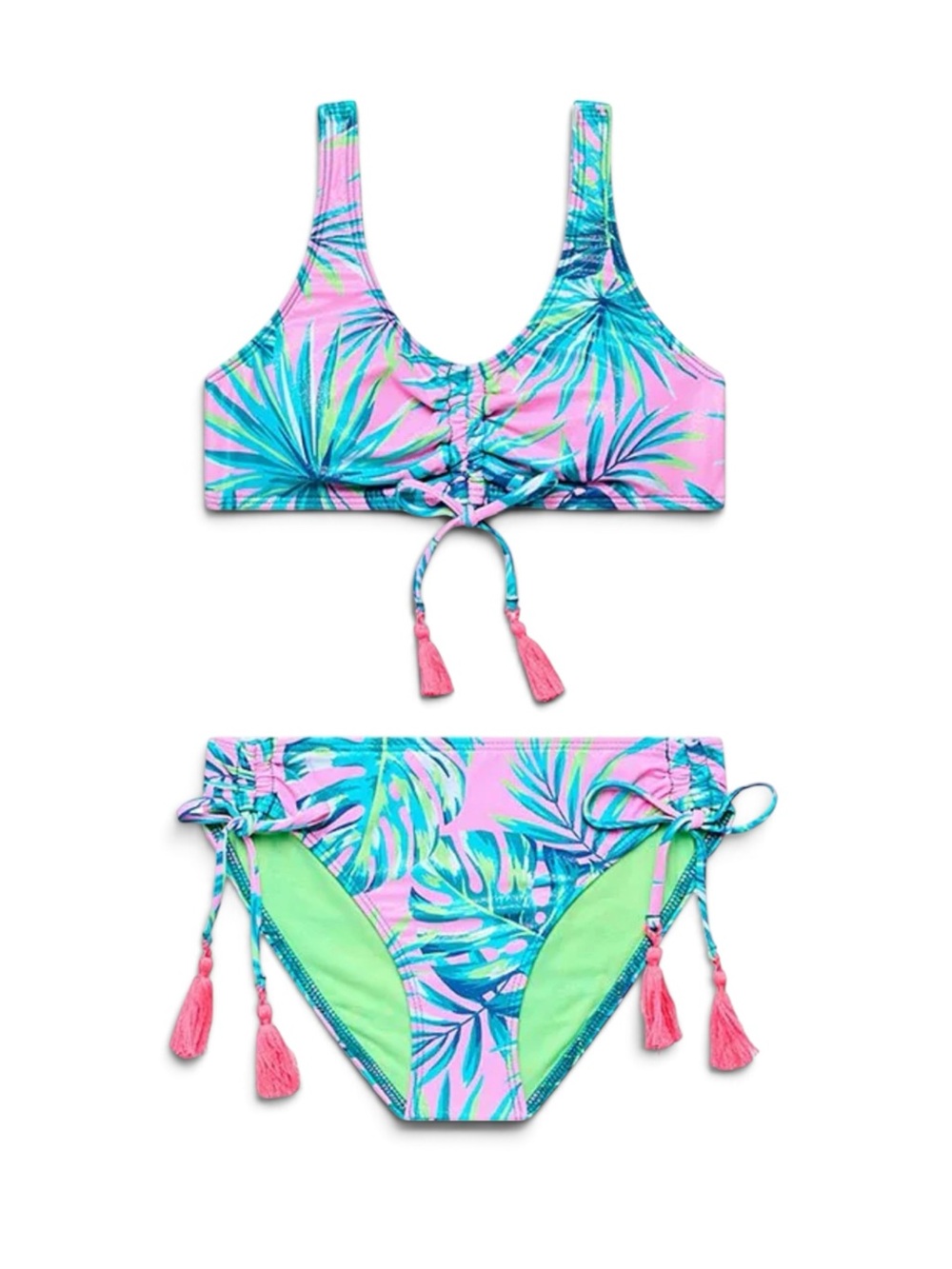Beach Lingo Girls Tropical Palm Print Tassel Bikini 2-Piece Swimsuit Size 8